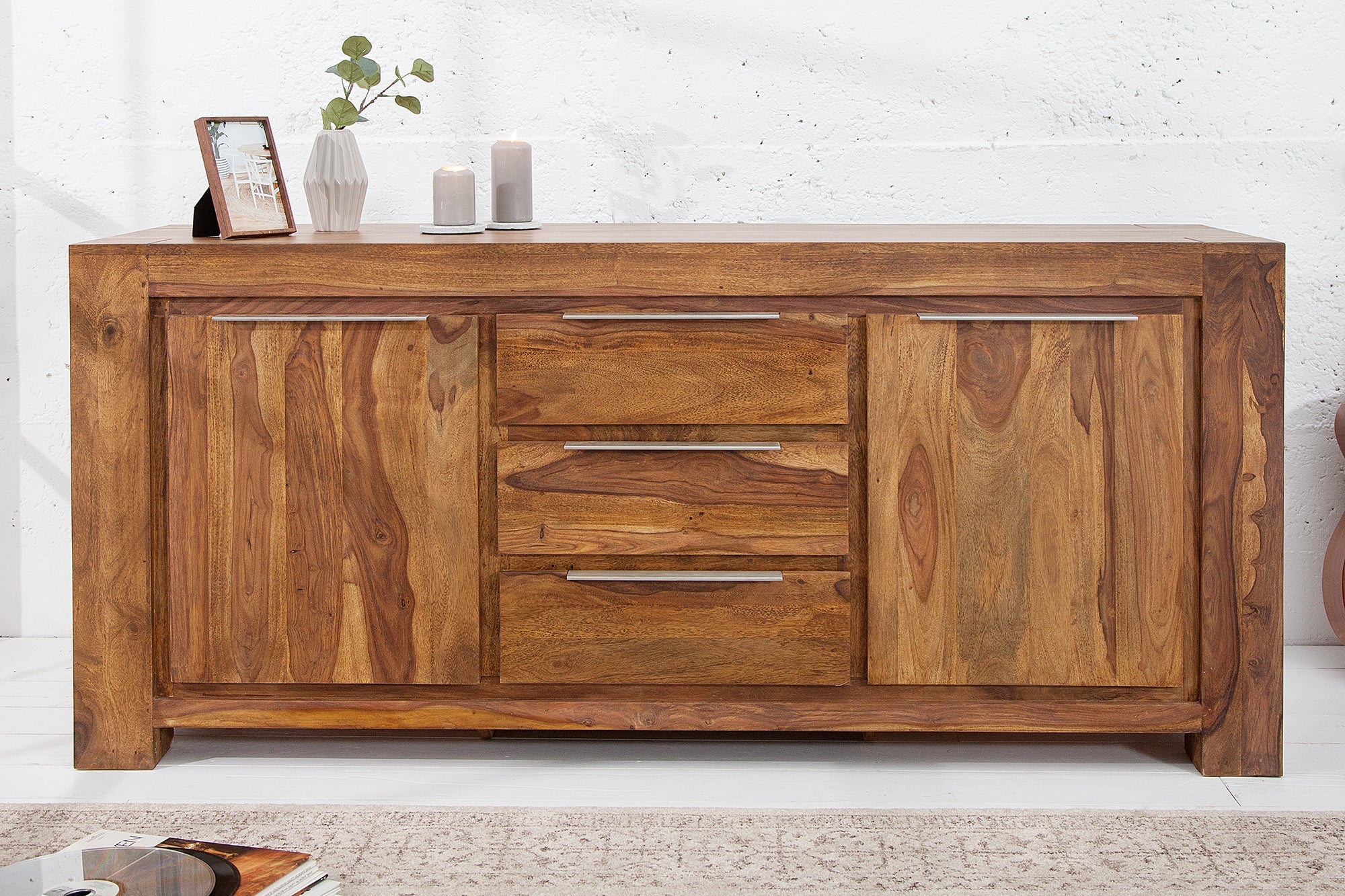 Buffet en bois massif MAKASSAR 175cm marron finition pierre Sheesham commode avec tiroirs