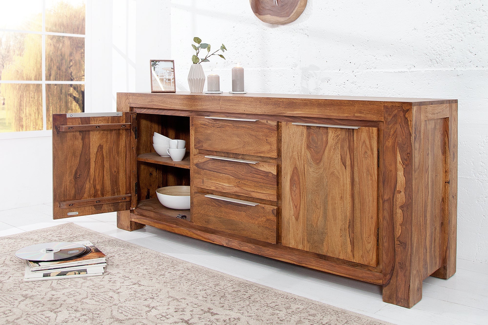 Buffet en bois massif MAKASSAR 175cm marron finition pierre Sheesham commode avec tiroirs