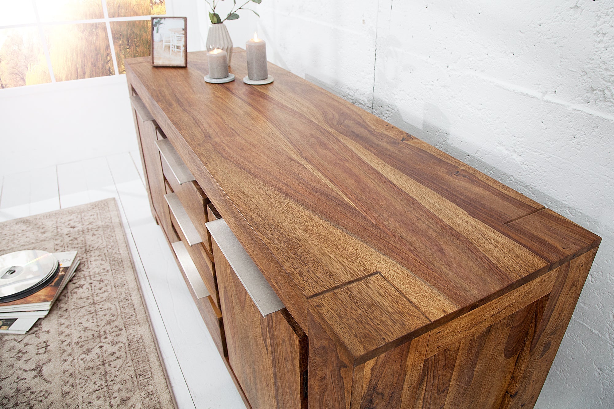 Buffet en bois massif MAKASSAR 175cm marron finition pierre Sheesham commode avec tiroirs