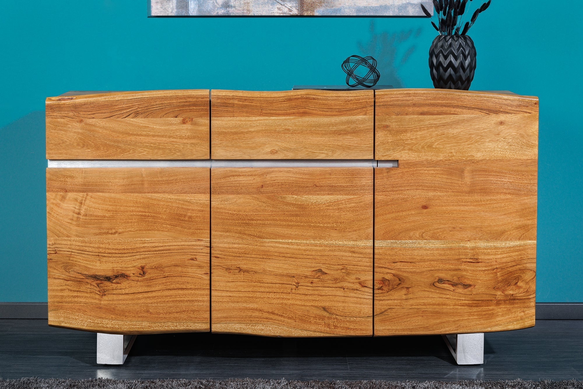 Buffet en bois massif MAMMUT 135cm commode en acacia bord d’arbre en acier inoxydable