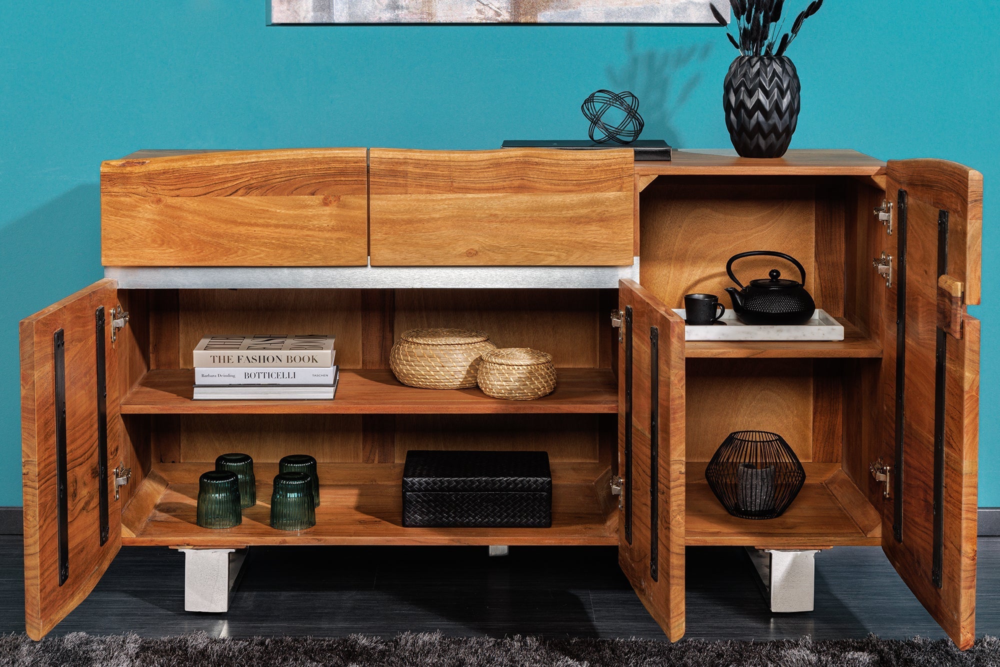 Buffet en bois massif MAMMUT 135cm commode en acacia bord d’arbre en acier inoxydable