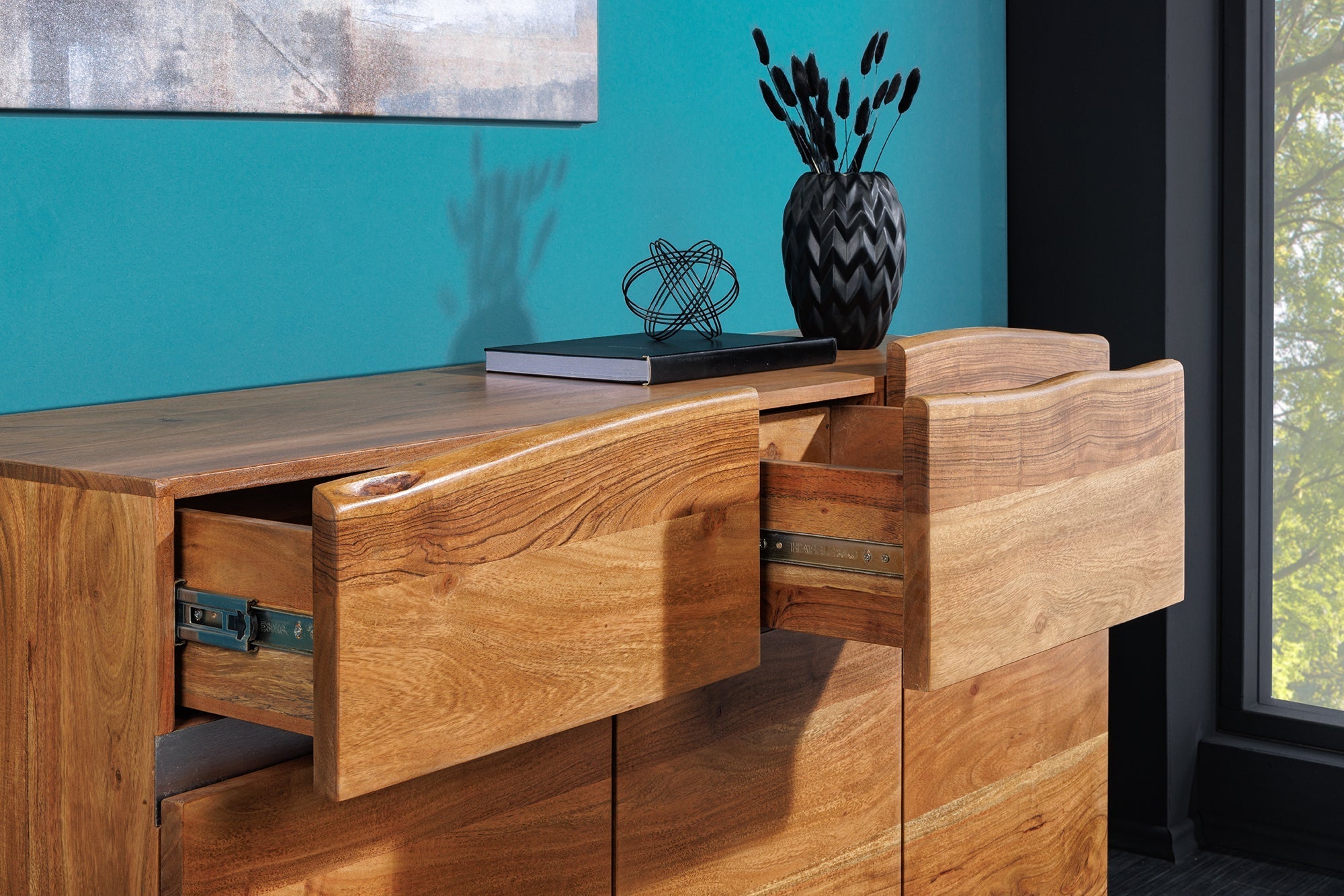 Buffet en bois massif MAMMUT 135cm commode en acacia bord d’arbre en acier inoxydable