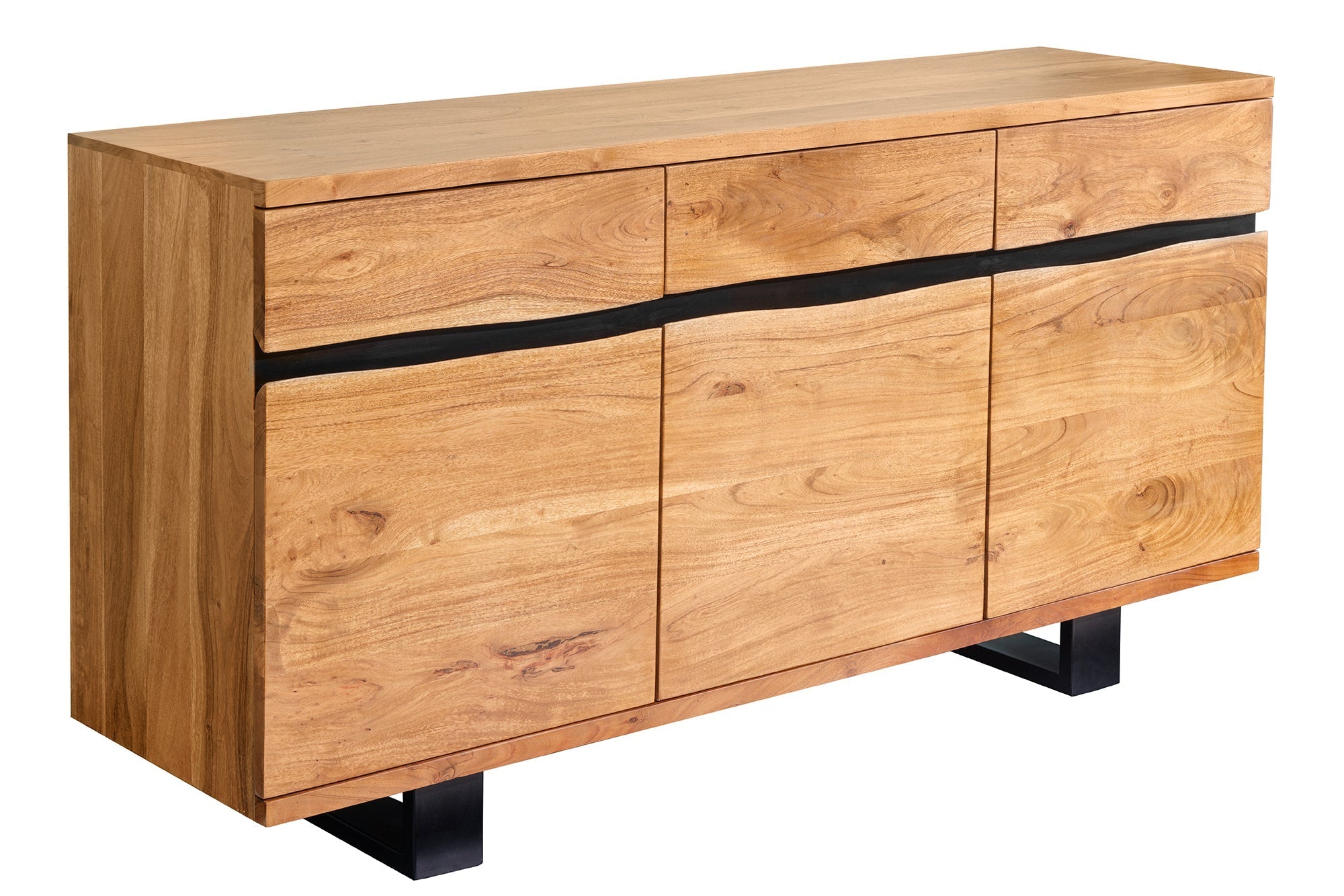 Buffet en bois massif MAMMUT 160cm acacia finition miel bord d’arbre en métal avec tiroirs