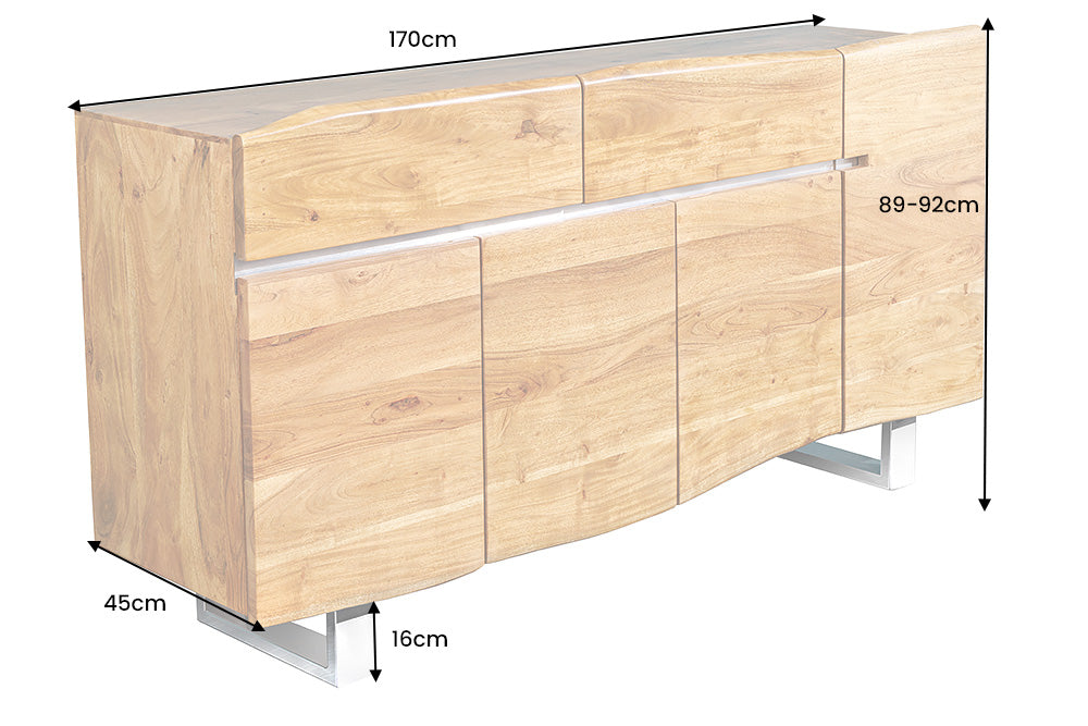 Buffet en bois massif MAMMUT 170cm bord en acacia avec tiroirs piètement luge inox