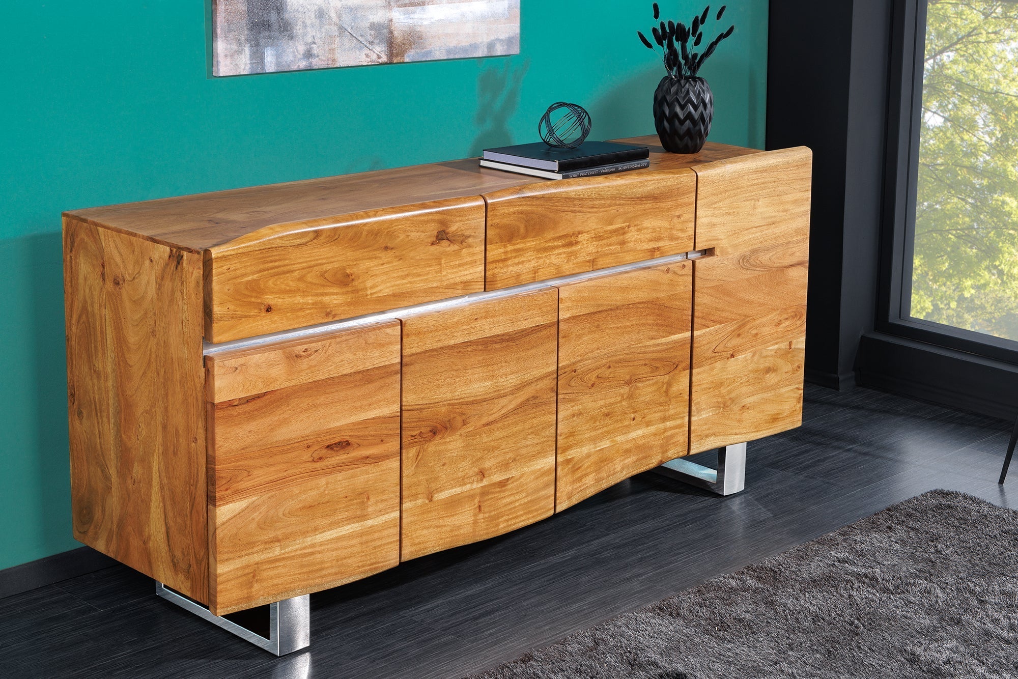 Buffet en bois massif MAMMUT 170cm bord en acacia avec tiroirs piètement luge inox