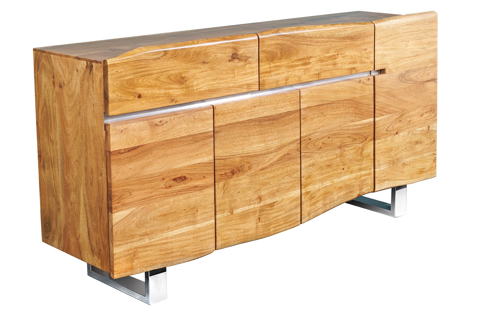 Buffet en bois massif MAMMUT 170cm bord en acacia avec tiroirs piètement luge inox