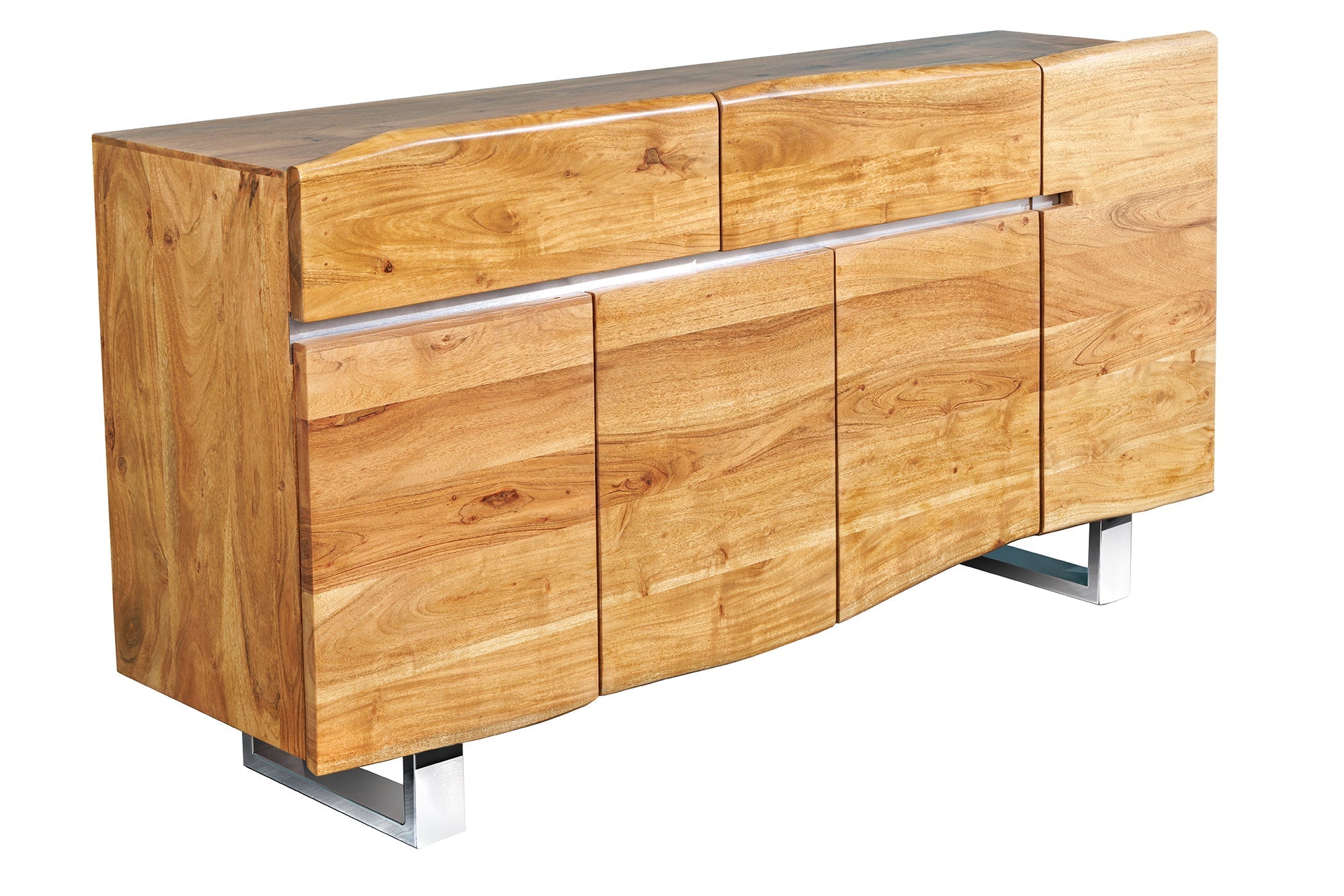 Buffet en bois massif MAMMUT 170cm bord en acacia avec tiroirs piètement luge inox