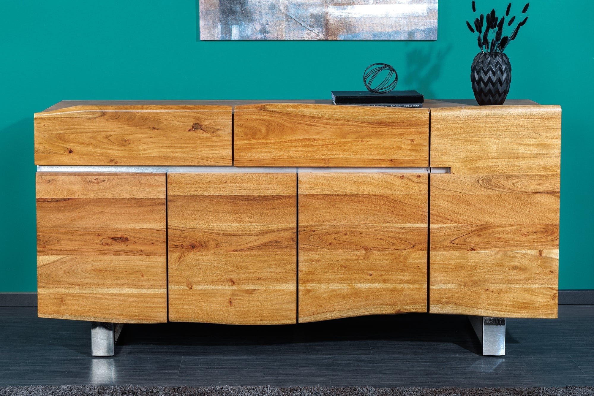 Buffet en bois massif MAMMUT 170cm bord en acacia avec tiroirs piètement luge inox