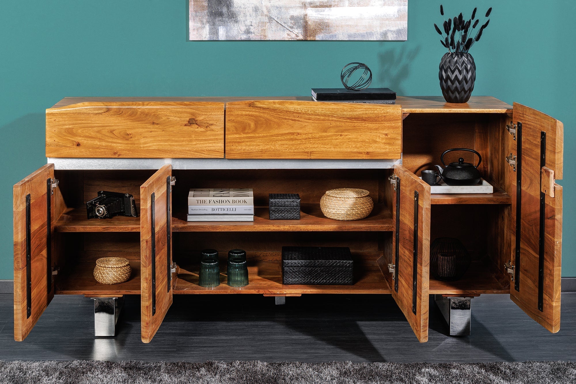 Buffet en bois massif MAMMUT 170cm bord en acacia avec tiroirs piètement luge inox