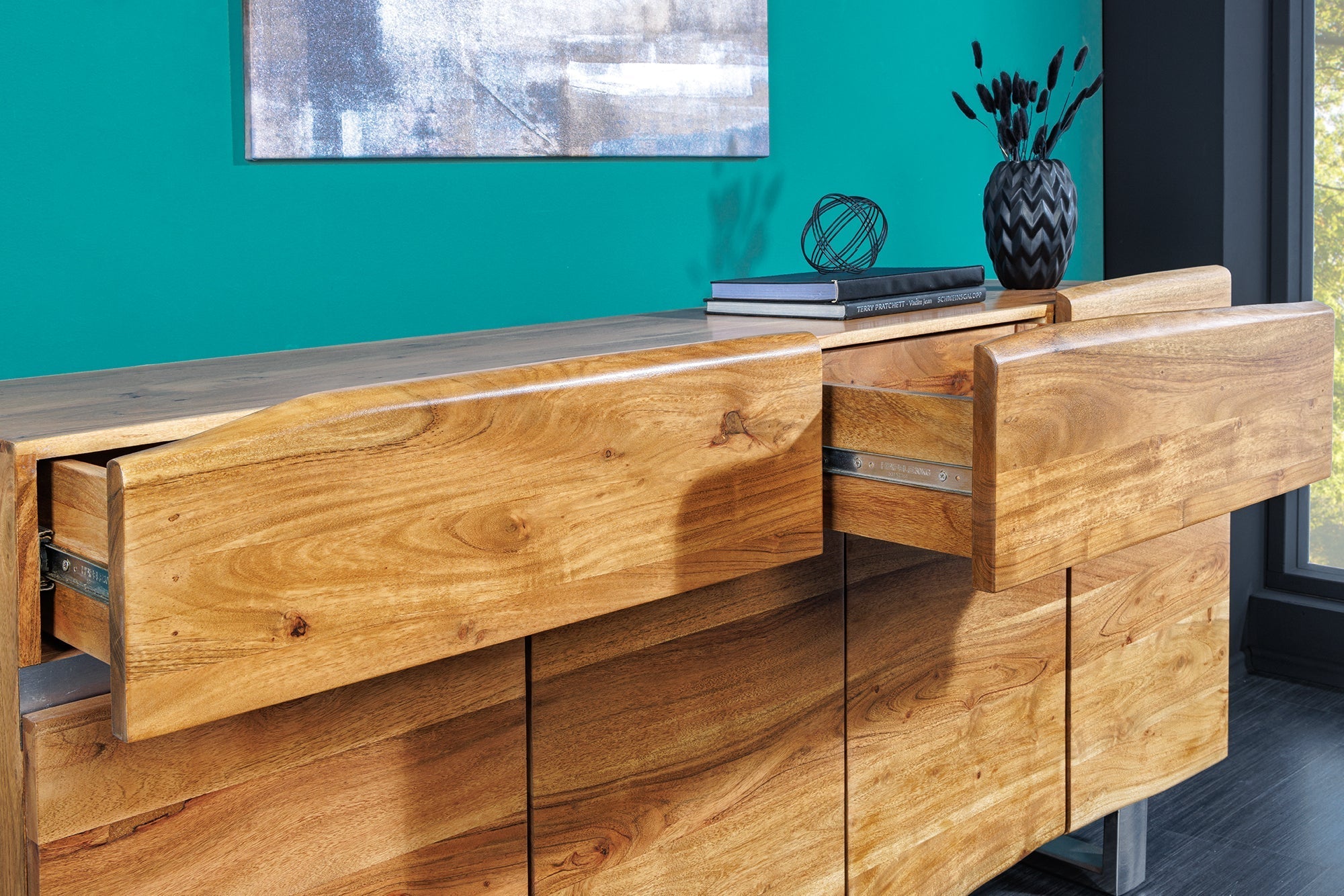 Buffet en bois massif MAMMUT 170cm bord en acacia avec tiroirs piètement luge inox