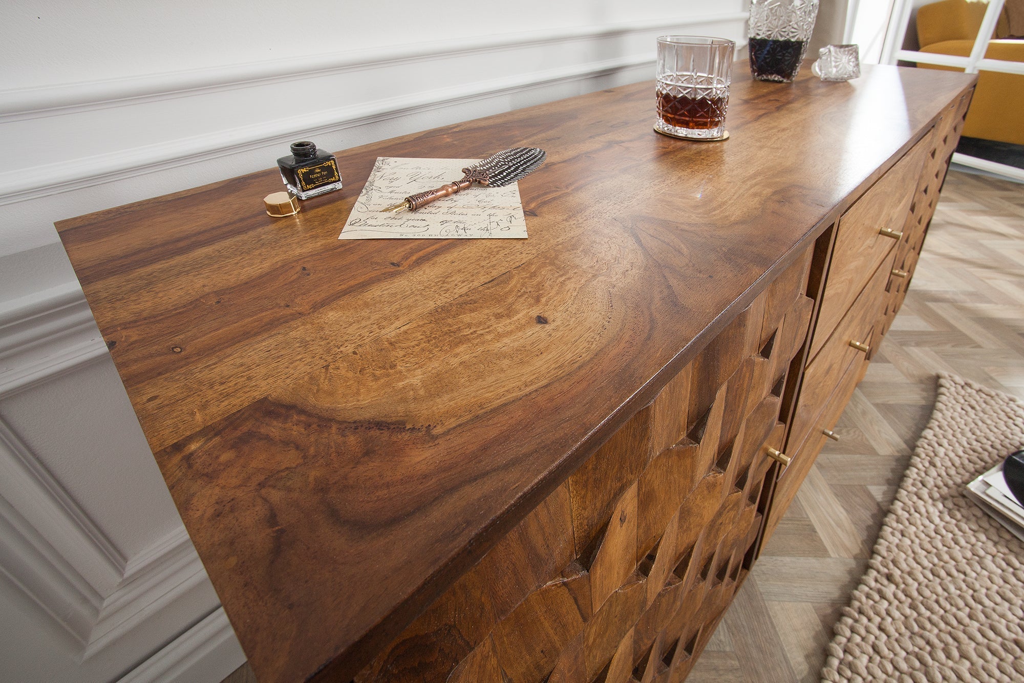 Buffet en bois massif MYSTIC LIVING 145cm commode finition pierre de Sheesham marron