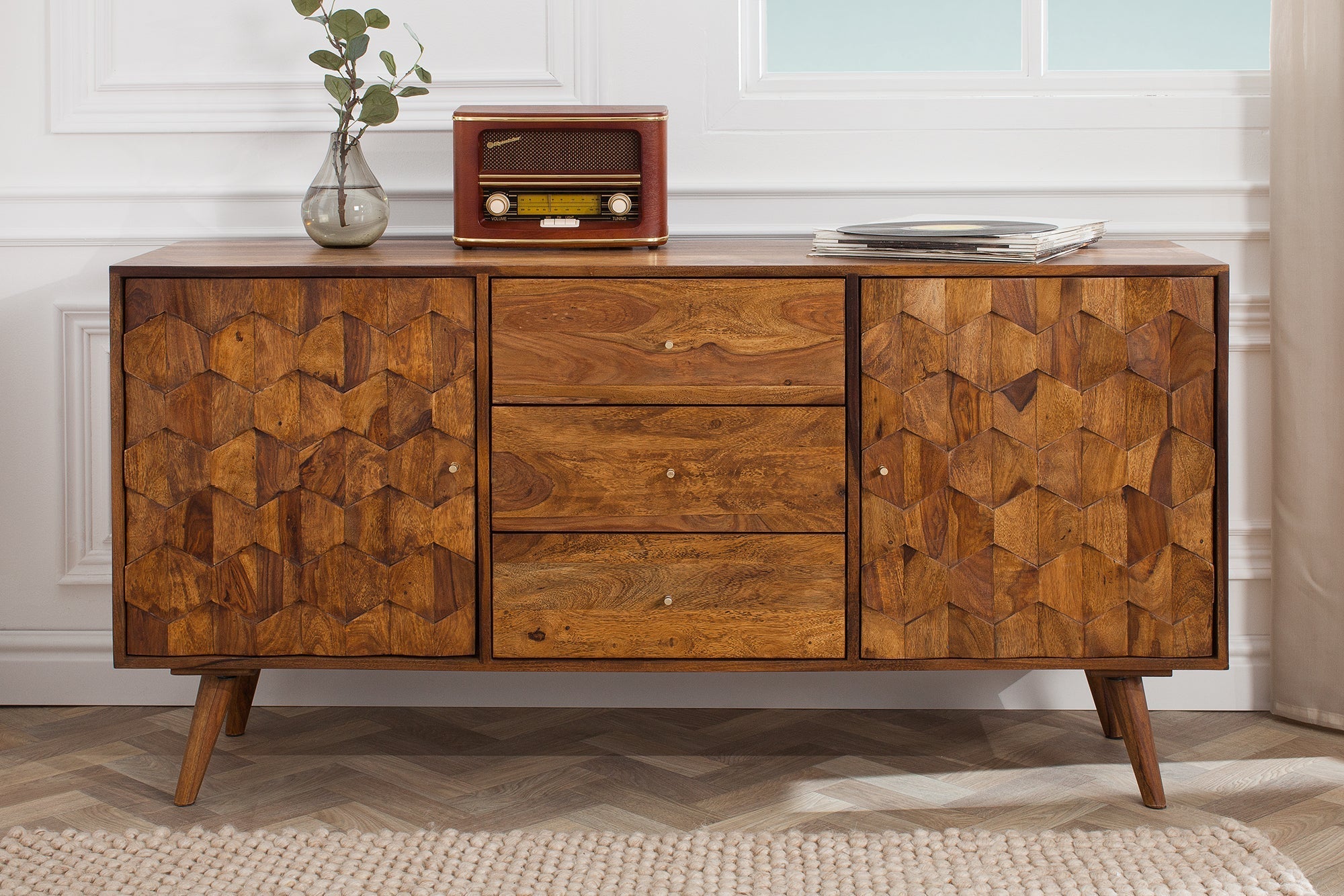 Buffet en bois massif MYSTIC LIVING 145cm commode finition pierre de Sheesham marron