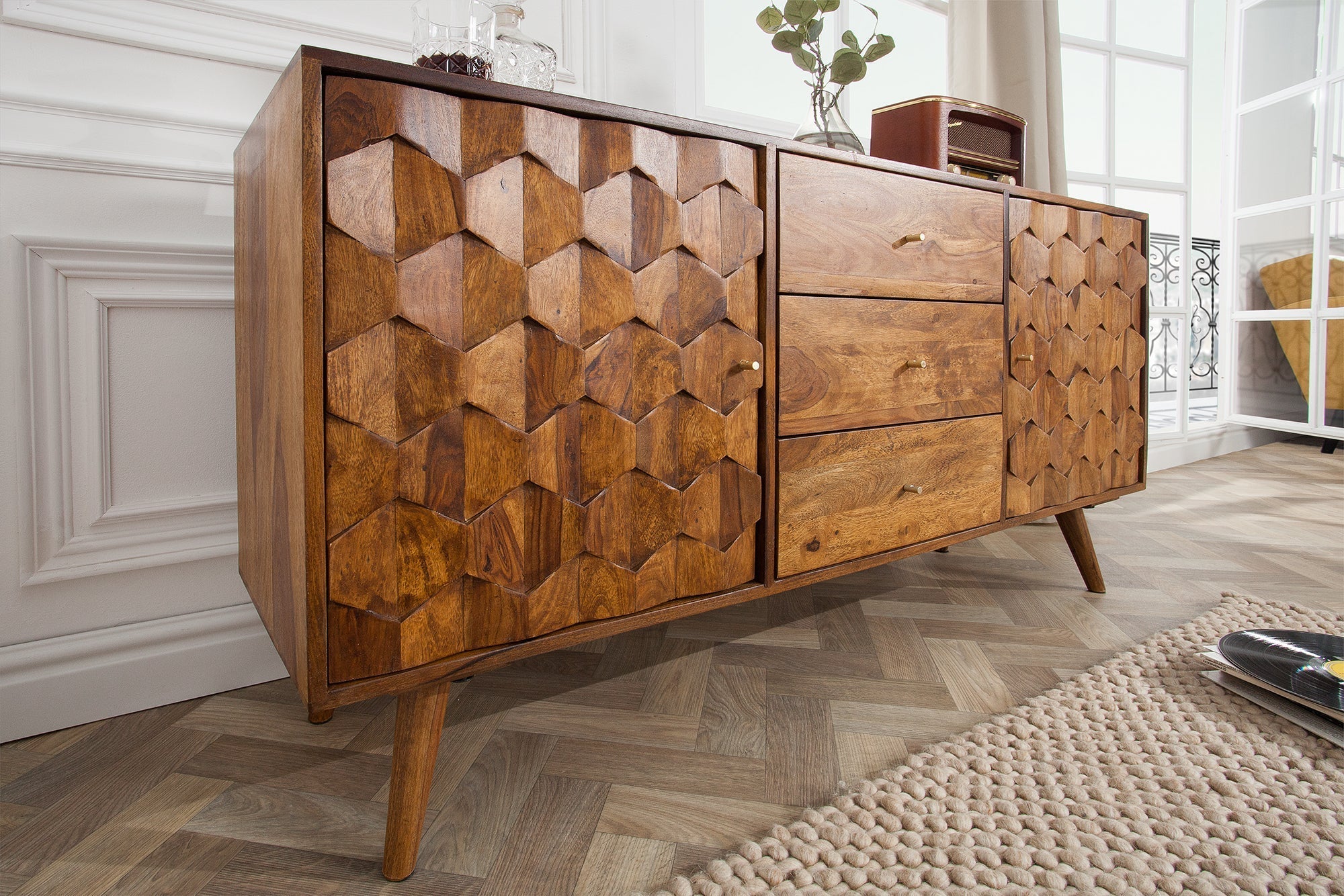 Buffet en bois massif MYSTIC LIVING 145cm commode finition pierre de Sheesham marron