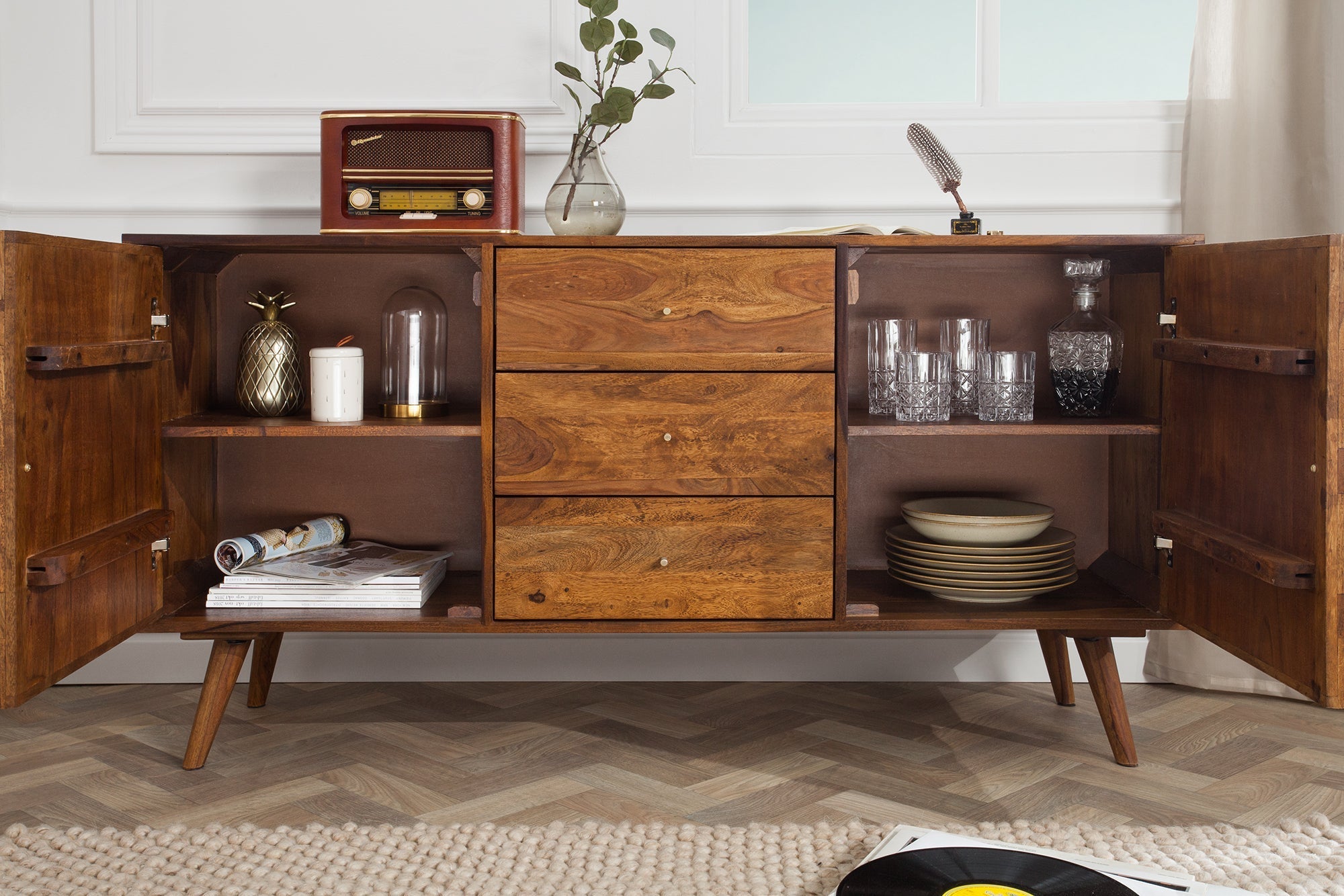Buffet en bois massif MYSTIC LIVING 145cm commode finition pierre de Sheesham marron