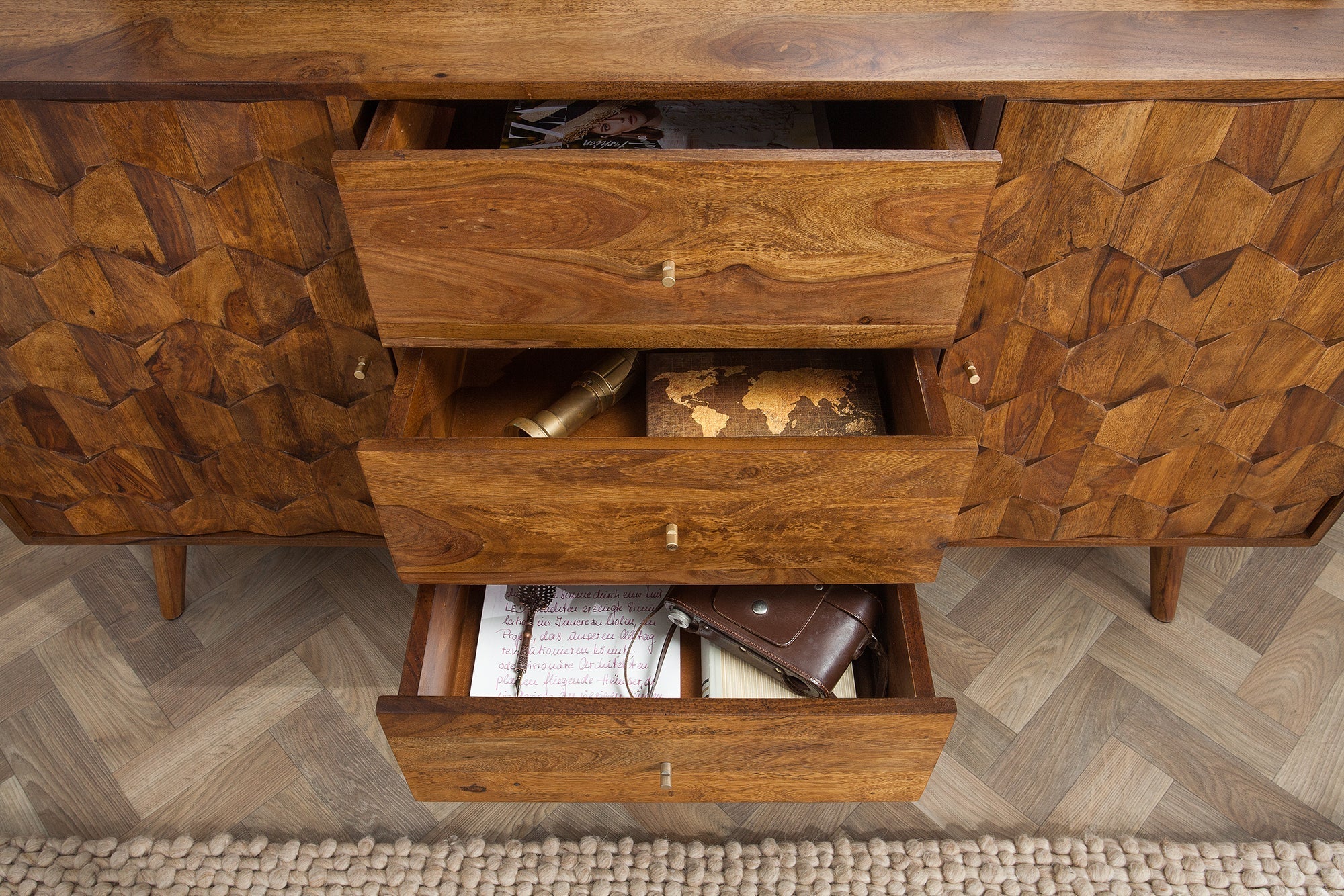 Buffet en bois massif MYSTIC LIVING 145cm commode finition pierre de Sheesham marron