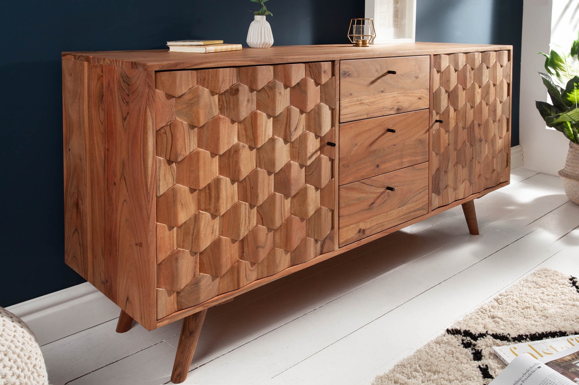 Buffet en bois massif MYSTIC LIVING Commode 145cm en acacia naturel avec tiroirs design 3D