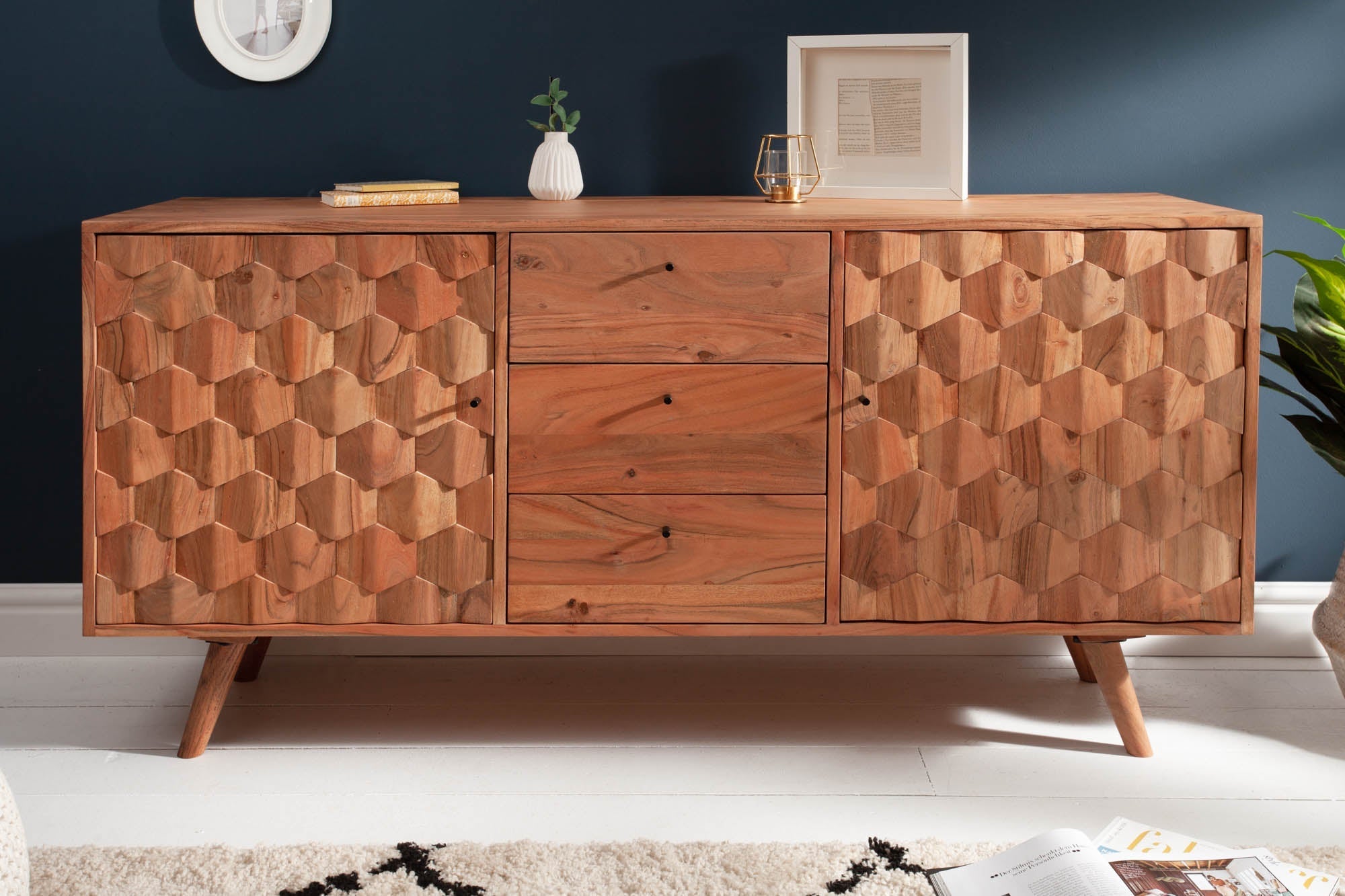 Buffet en bois massif MYSTIC LIVING Commode 145cm en acacia naturel avec tiroirs design 3D