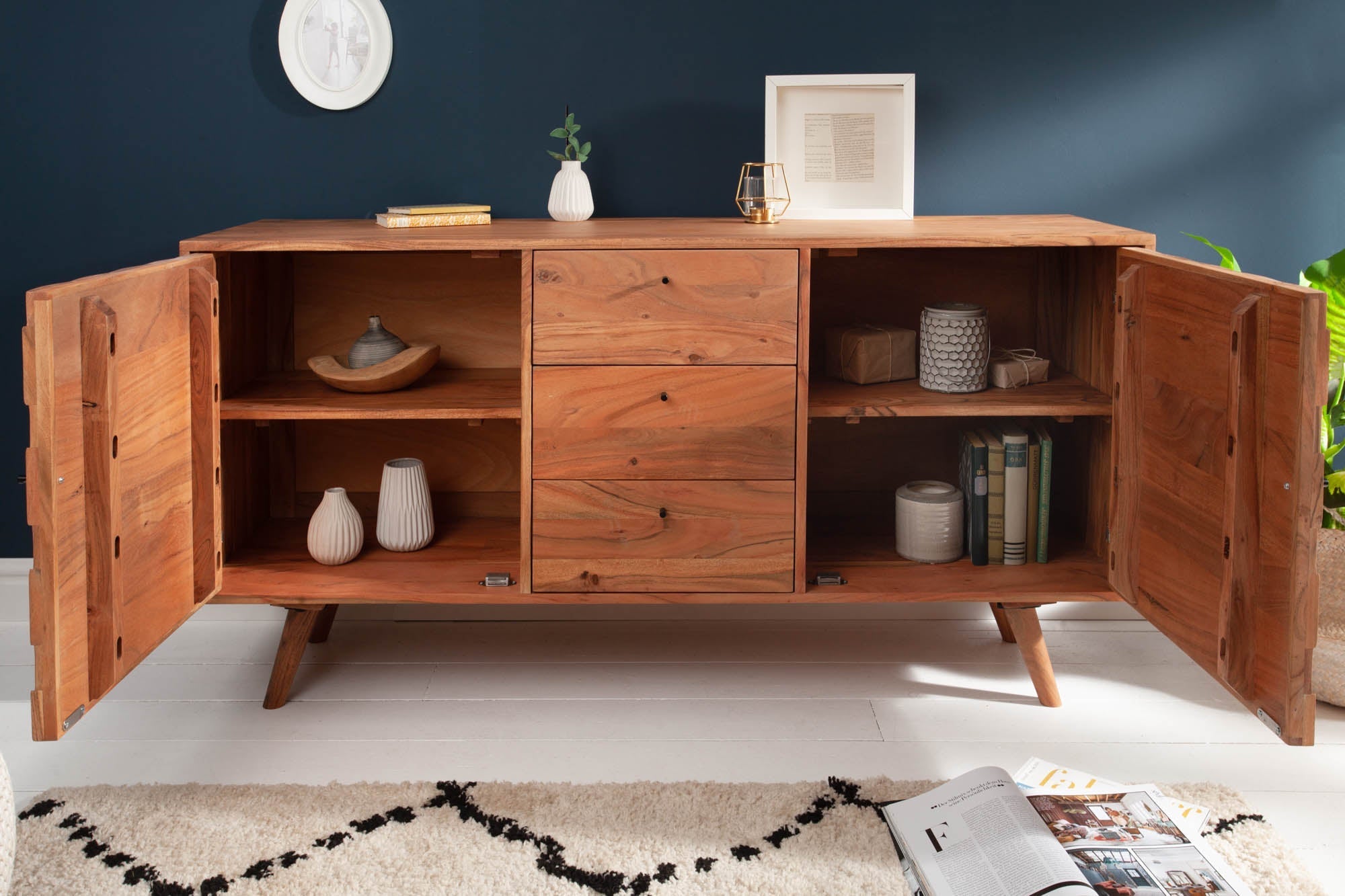 Buffet en bois massif MYSTIC LIVING Commode 145cm en acacia naturel avec tiroirs design 3D
