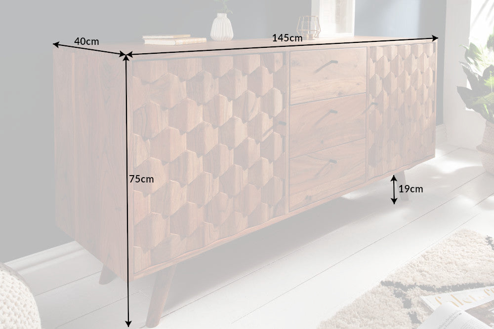 Buffet en bois massif MYSTIC LIVING Commode 145cm en acacia naturel avec tiroirs design 3D