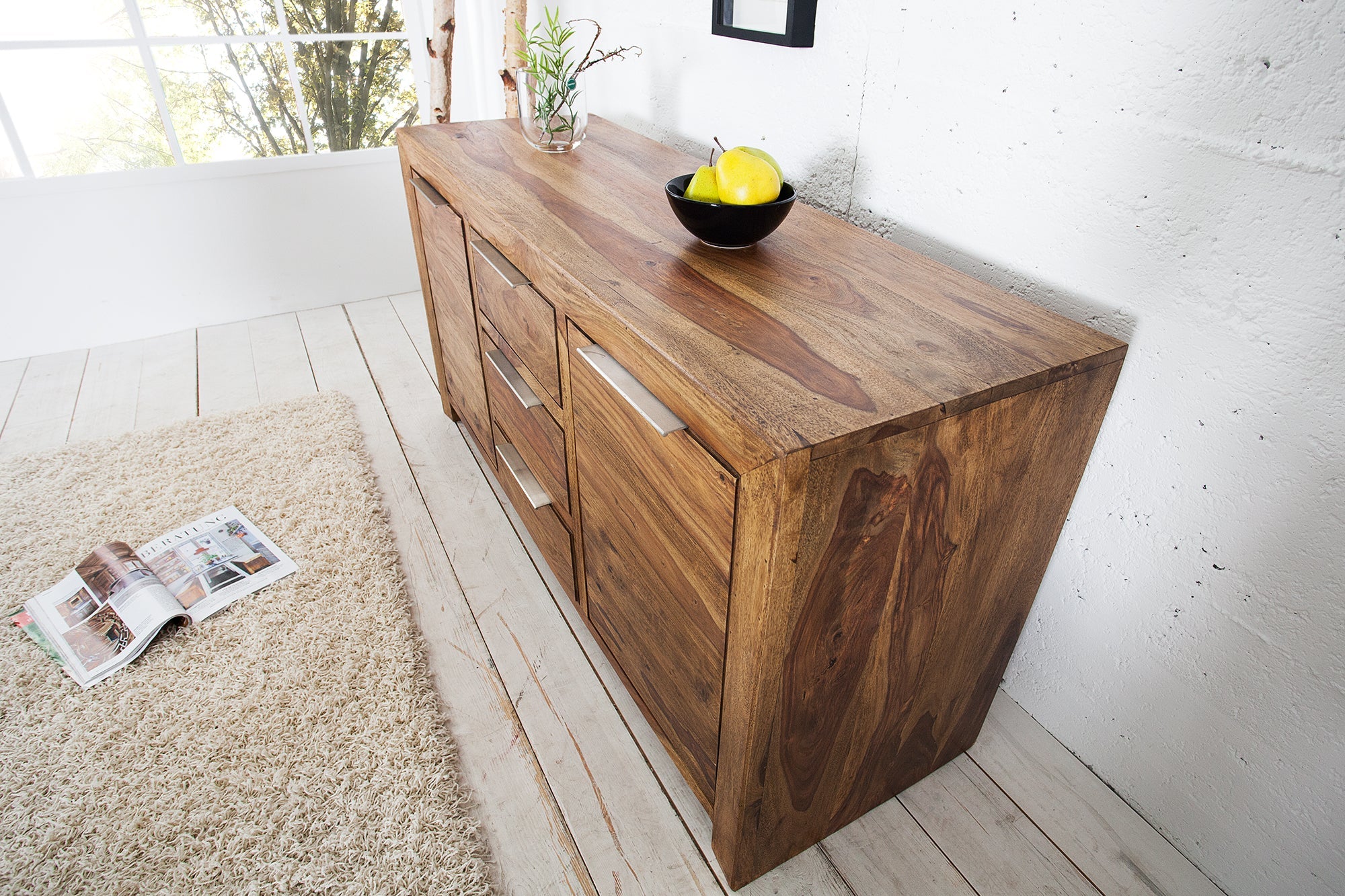 Buffet en bois massif PURE 135cm commode finition pierre de Sheesham marron