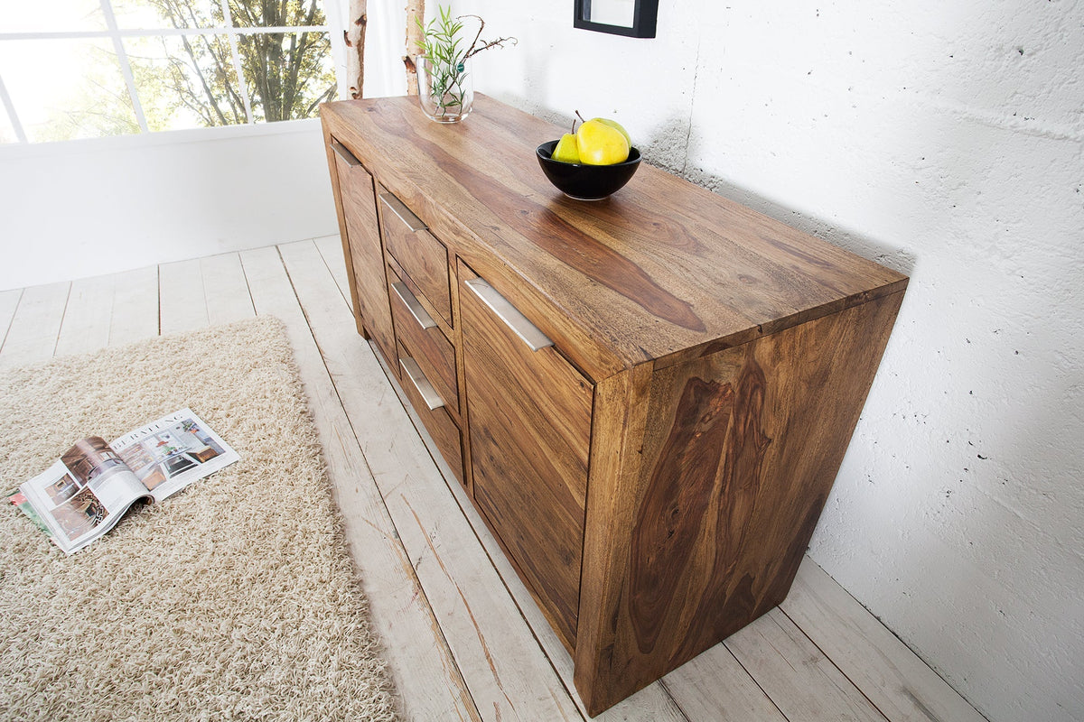 Buffet en bois massif PURE 135cm commode finition pierre de Sheesham marron