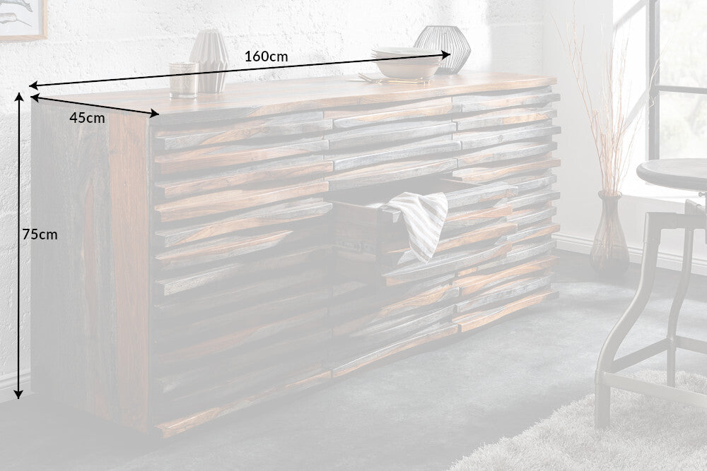 Buffet en bois massif RELIEF 160 cm Sheesham finition gris fumé commode avec tiroirs