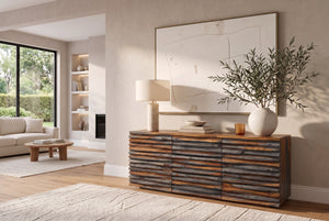 Buffet en bois massif RELIEF 160 cm Sheesham finition gris fumé commode avec tiroirs