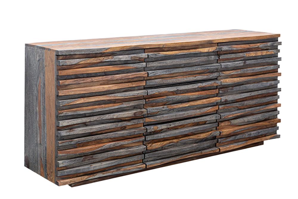 Buffet en bois massif RELIEF 160 cm Sheesham finition gris fumé commode avec tiroirs