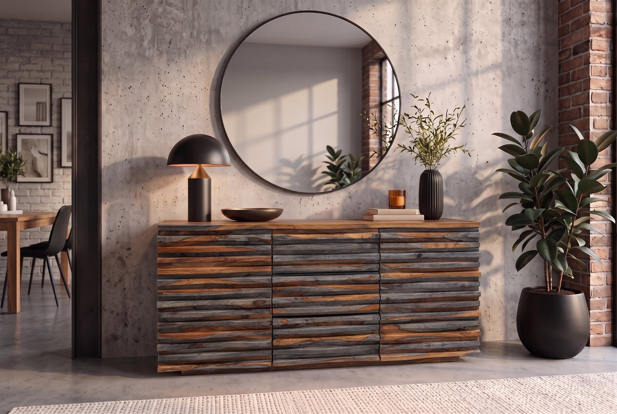 Buffet en bois massif RELIEF 160 cm Sheesham finition gris fumé commode avec tiroirs
