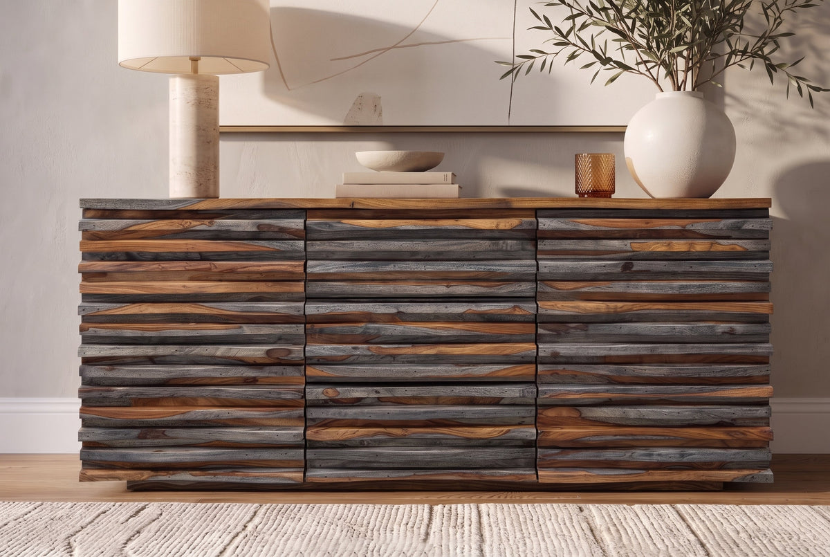Buffet en bois massif RELIEF 160 cm Sheesham finition gris fumé commode avec tiroirs