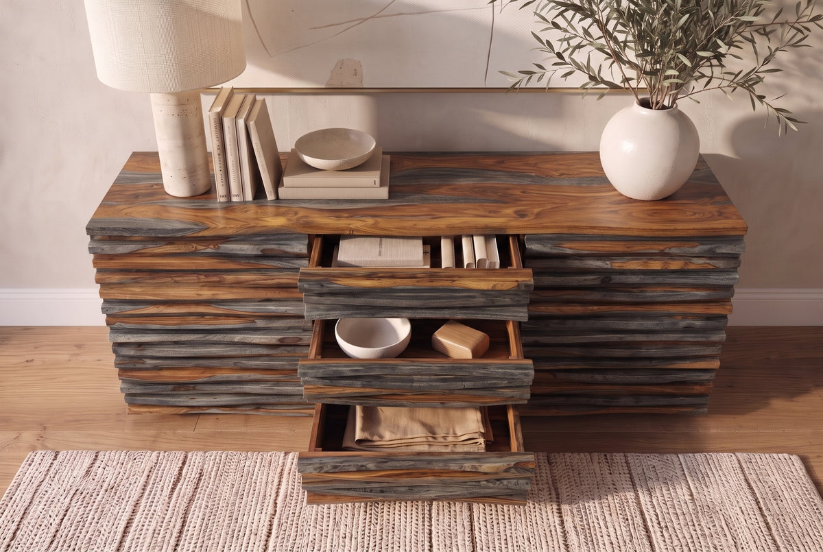 Buffet en bois massif RELIEF 160 cm Sheesham finition gris fumé commode avec tiroirs