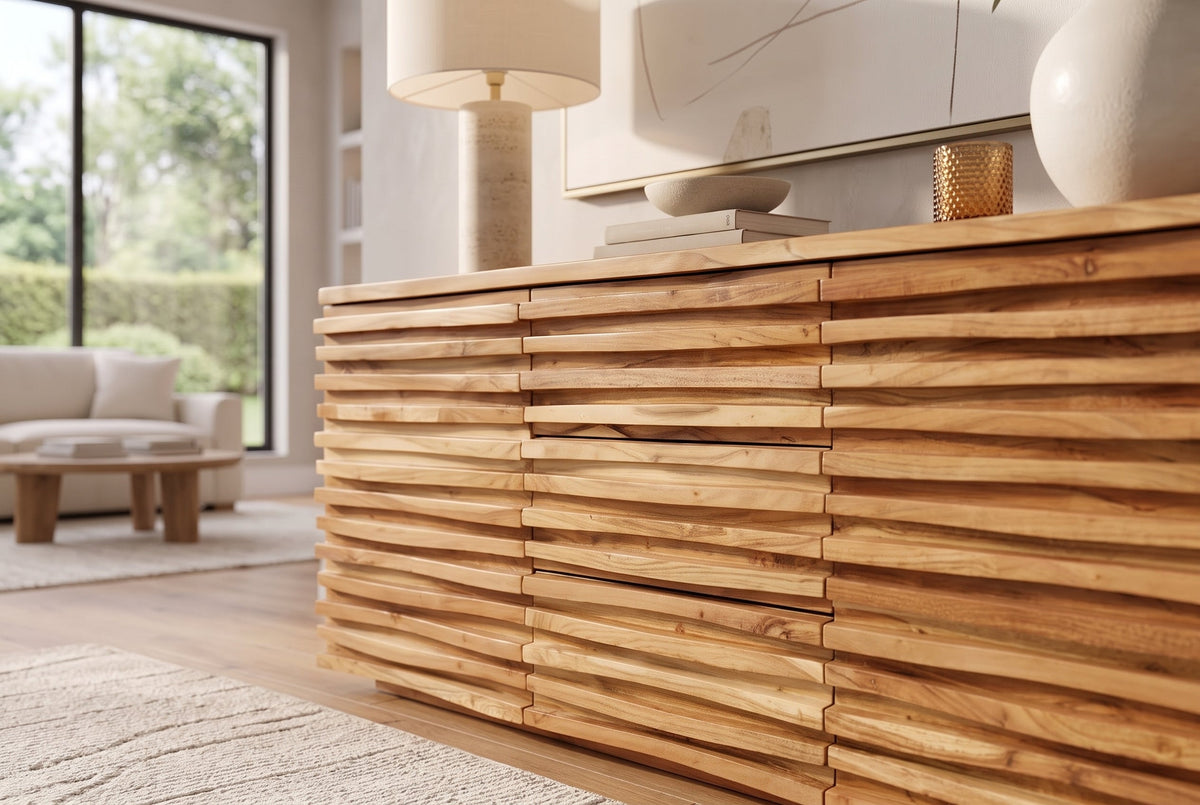 Buffet en bois massif RELIEF 160cm, commode en acacia avec façade élaborée