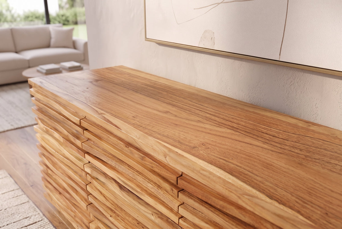 Buffet en bois massif RELIEF 160cm, commode en acacia avec façade élaborée
