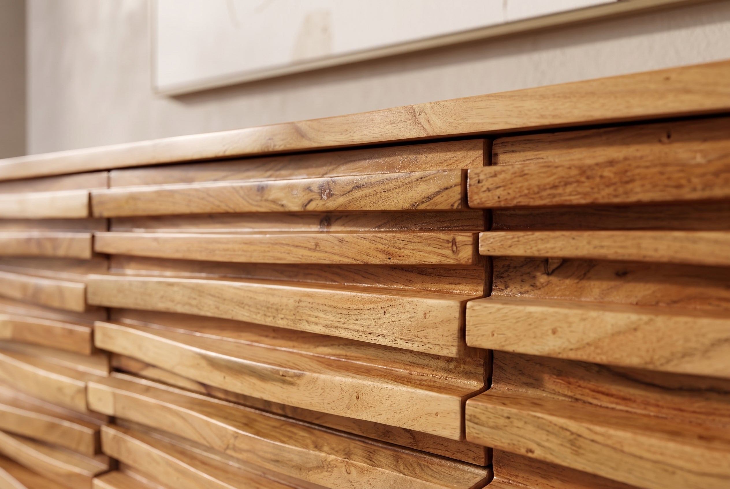 Buffet en bois massif RELIEF 160cm, commode en acacia avec façade élaborée