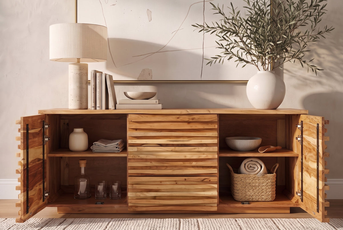 Buffet en bois massif RELIEF 160cm, commode en acacia avec façade élaborée