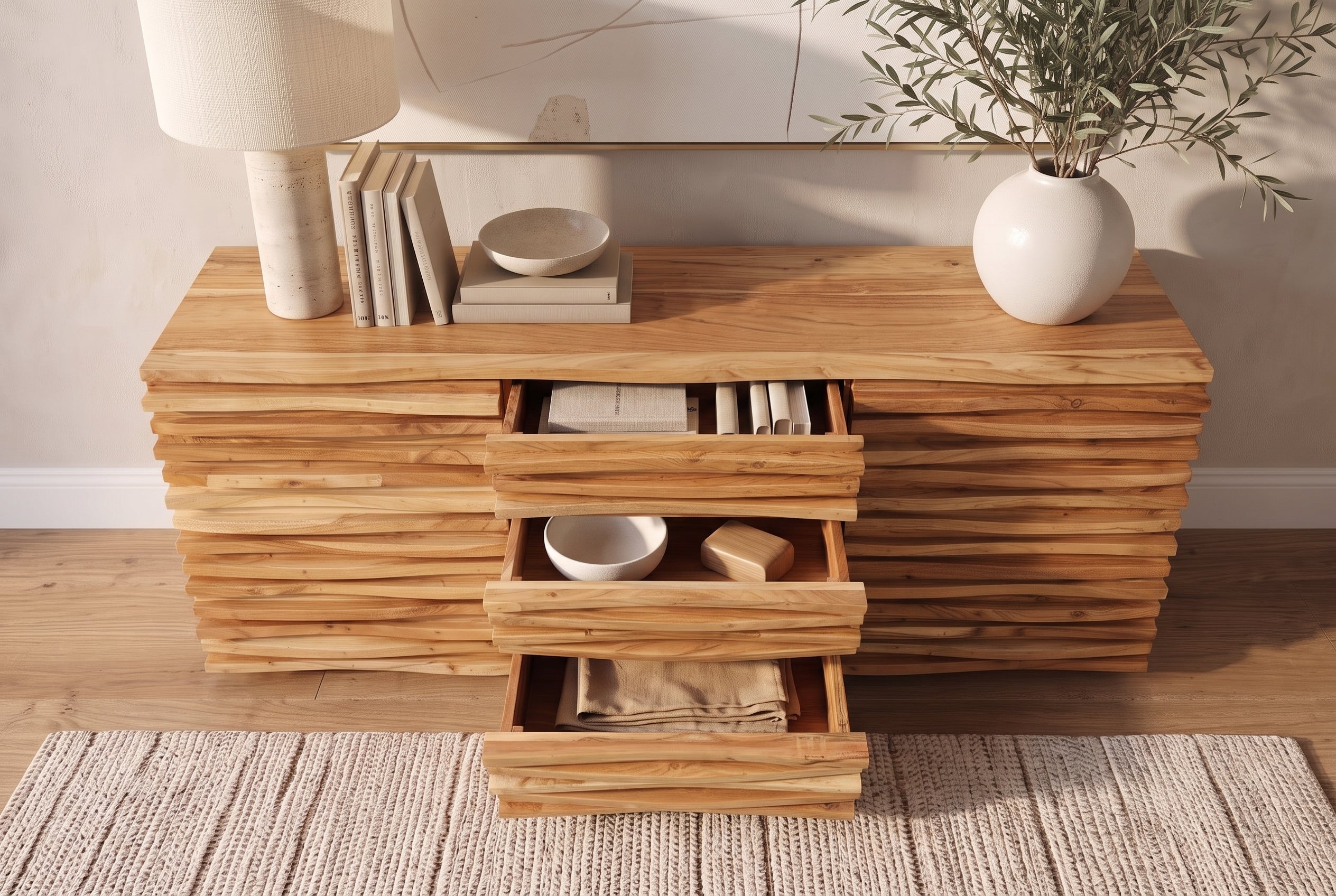 Buffet en bois massif RELIEF 160cm, commode en acacia avec façade élaborée