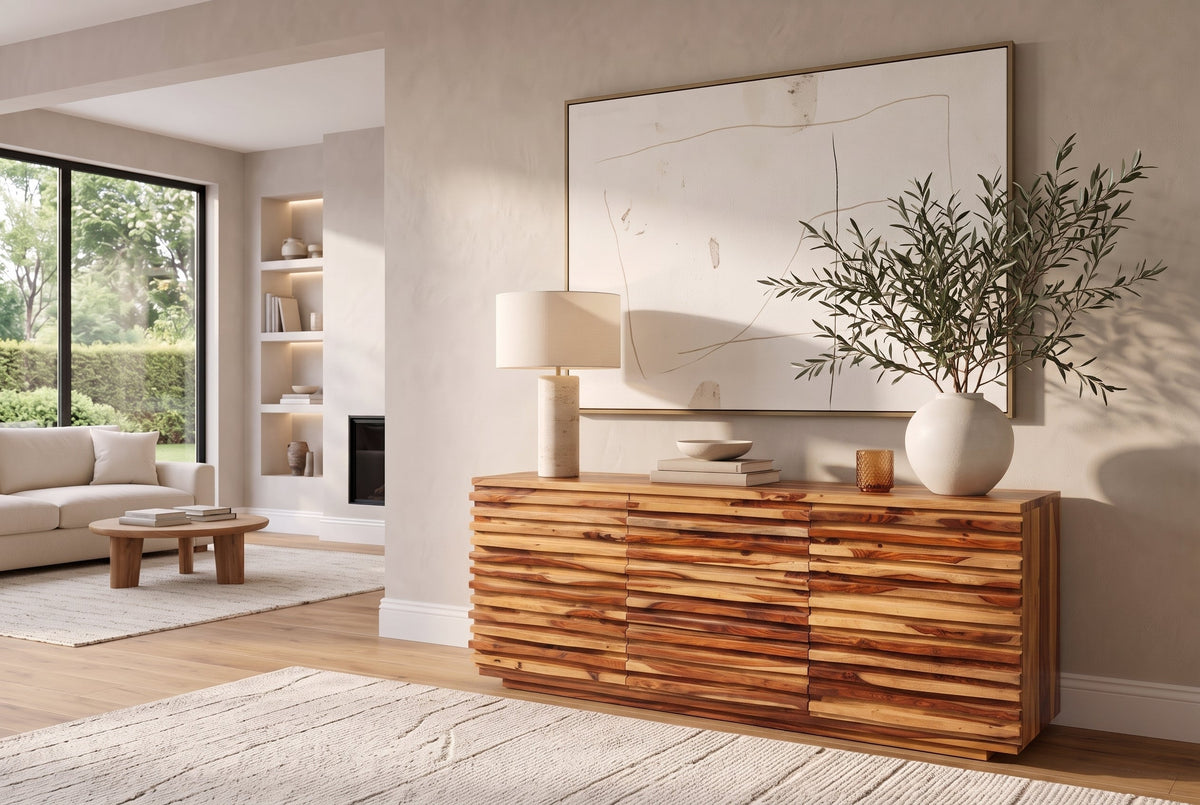 Buffet en bois massif RELIEF 160cm marron finition pierre de Sesham commode avec tiroirs