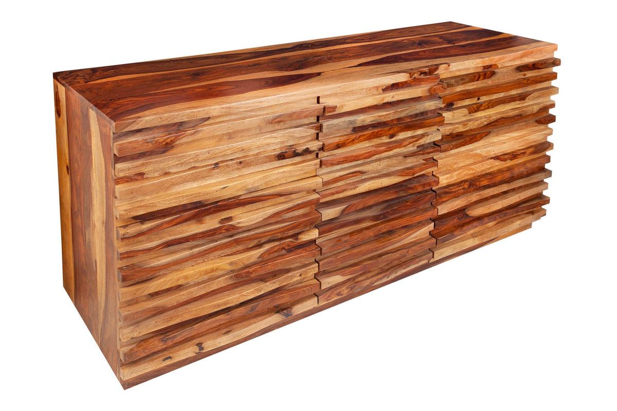 Buffet en bois massif RELIEF 160cm marron finition pierre de Sesham commode avec tiroirs