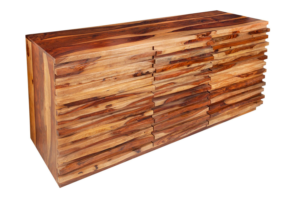 Buffet en bois massif RELIEF 160cm marron finition pierre de Sesham commode avec tiroirs
