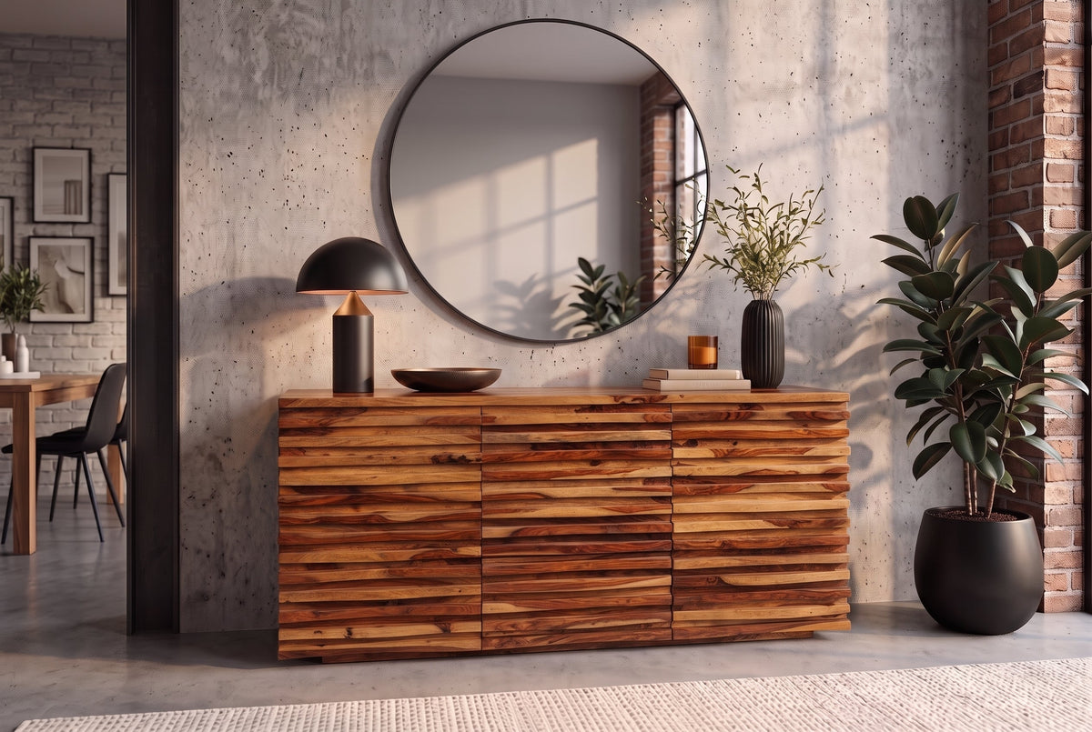 Buffet en bois massif RELIEF 160cm marron finition pierre de Sesham commode avec tiroirs