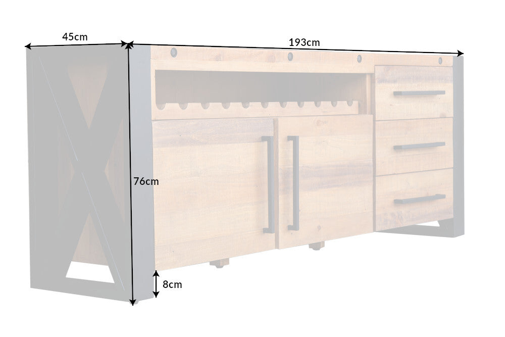 Buffet en bois massif THOR 195cm pin marron avec tiroirs casier à vin design industriel