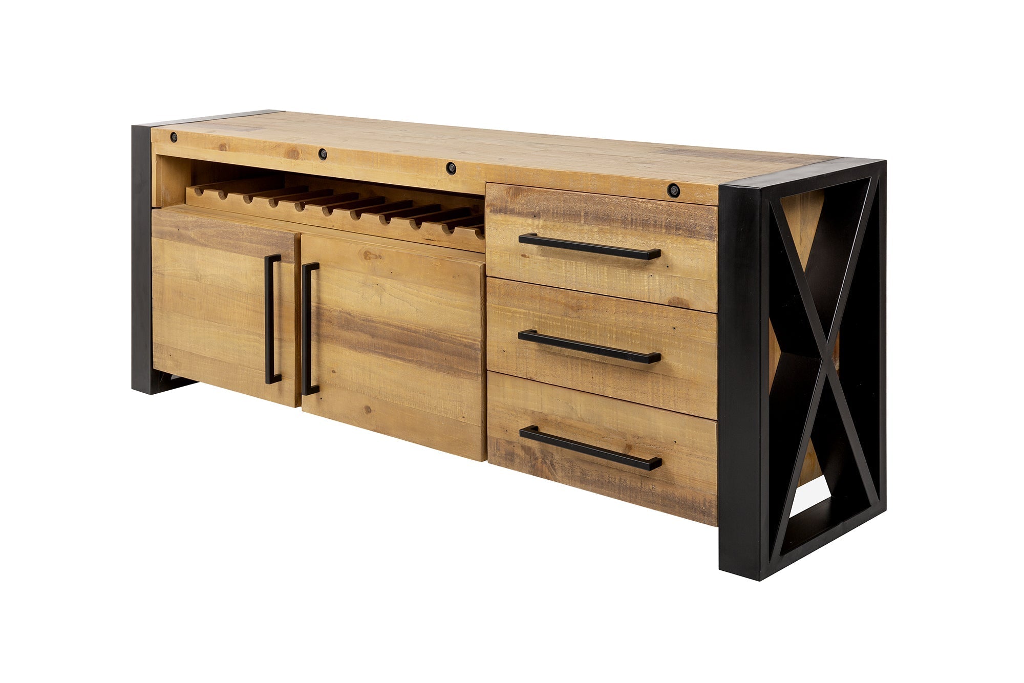 Buffet en bois massif THOR 195cm pin marron avec tiroirs casier à vin design industriel