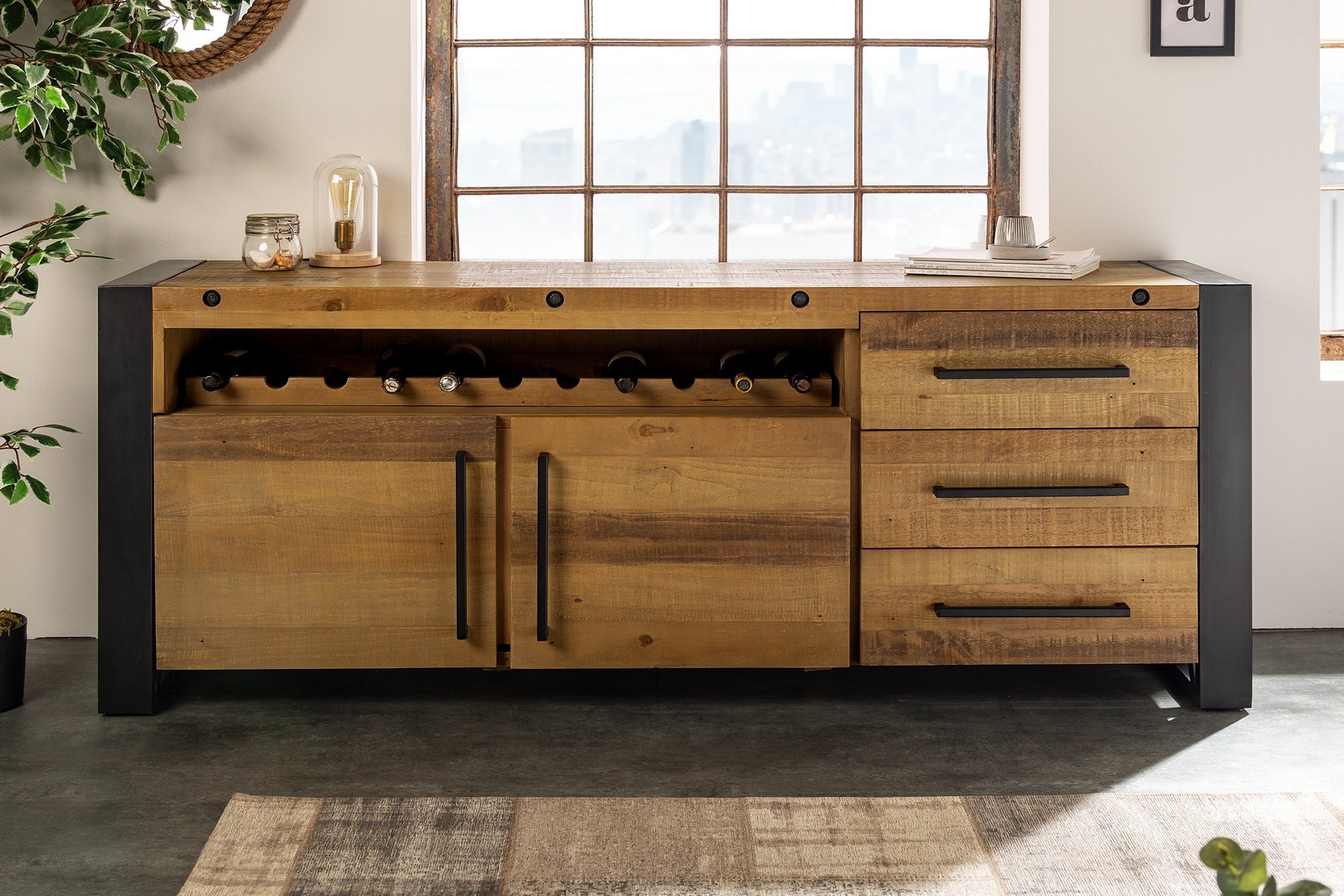 Buffet en bois massif THOR 195cm pin marron avec tiroirs casier à vin design industriel