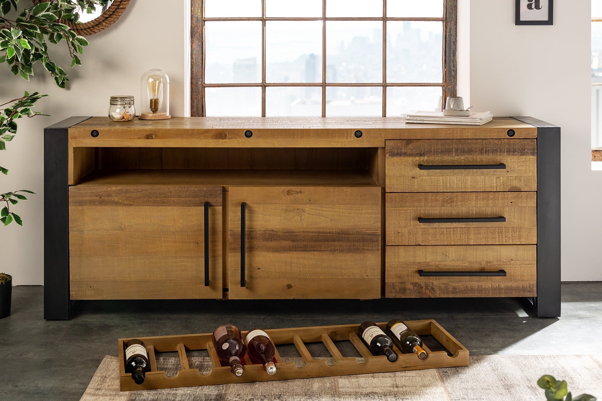 Buffet en bois massif THOR 195cm pin marron avec tiroirs casier à vin design industriel