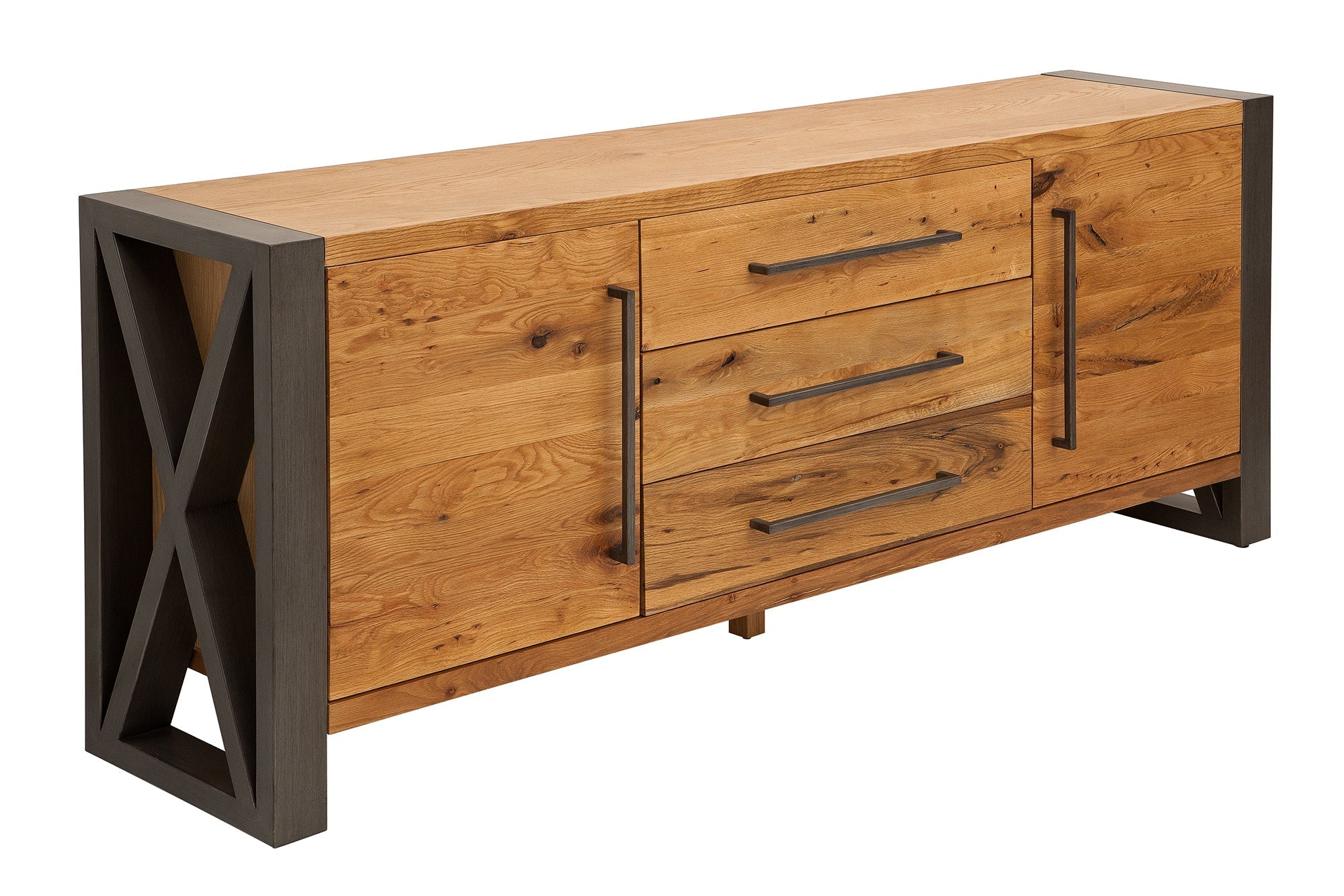 Buffet en bois massif THOR 200 cm avec tiroirs chêne sauvage naturel métal huilé noir