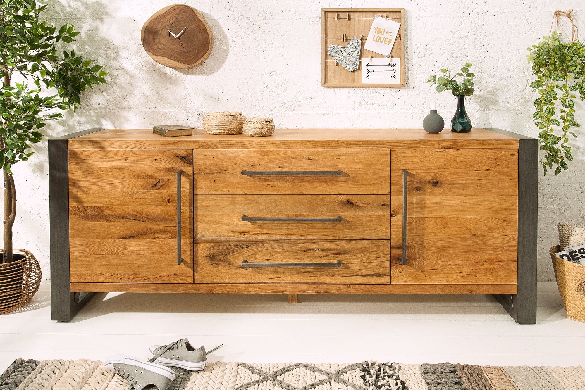 Buffet en bois massif THOR 200 cm avec tiroirs chêne sauvage naturel métal huilé noir