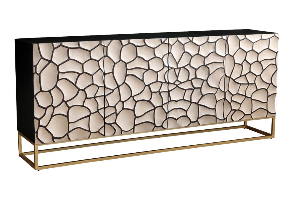 Buffet en bois massif VULCANO 180cm blanc noir manguier avec sculptures 3D structure en métal fait main doré