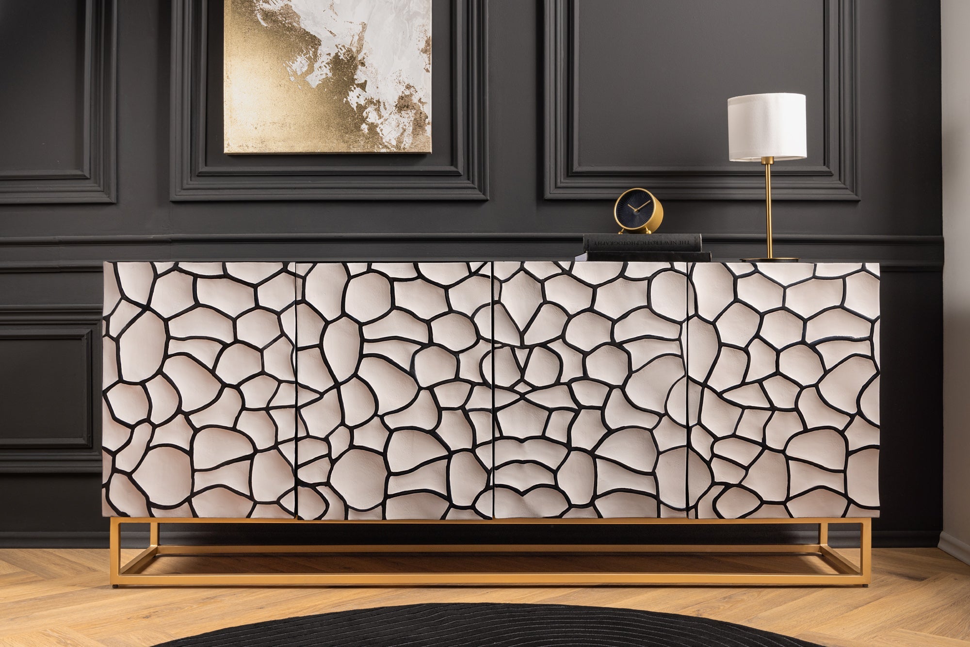 Buffet en bois massif VULCANO 180cm blanc noir manguier avec sculptures 3D structure en métal fait main doré