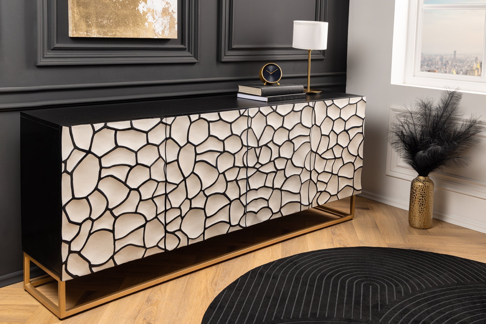 Buffet en bois massif VULCANO 180cm blanc noir manguier avec sculptures 3D structure en métal fait main doré
