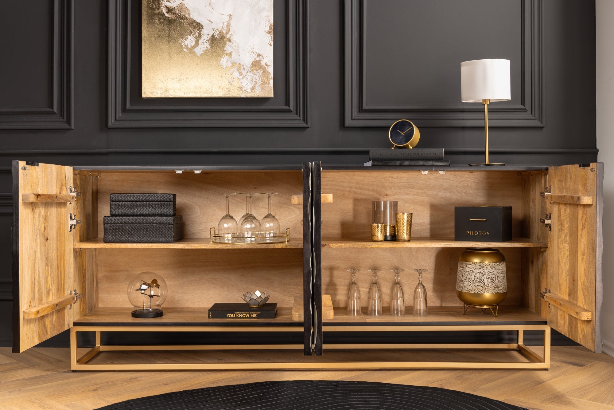 Buffet en bois massif VULCANO 180cm blanc noir manguier avec sculptures 3D structure en métal fait main doré